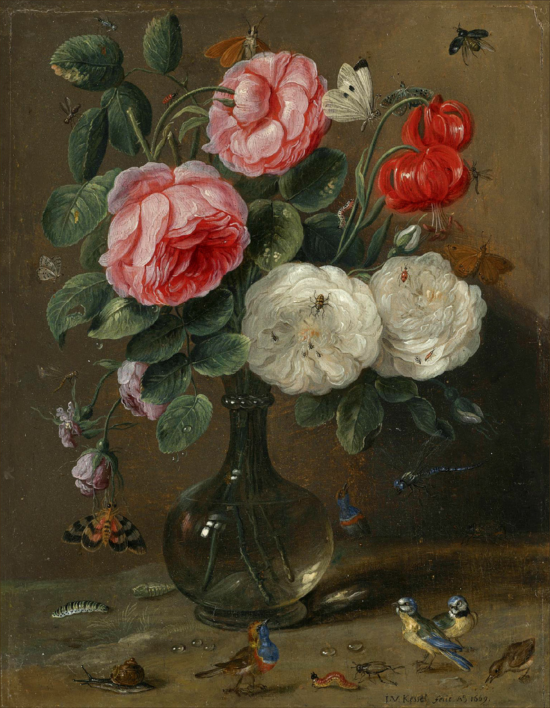 Still life of roses in a glass vase with numerous insects, including butterflies, a ladybug, a bee and a dragon fly