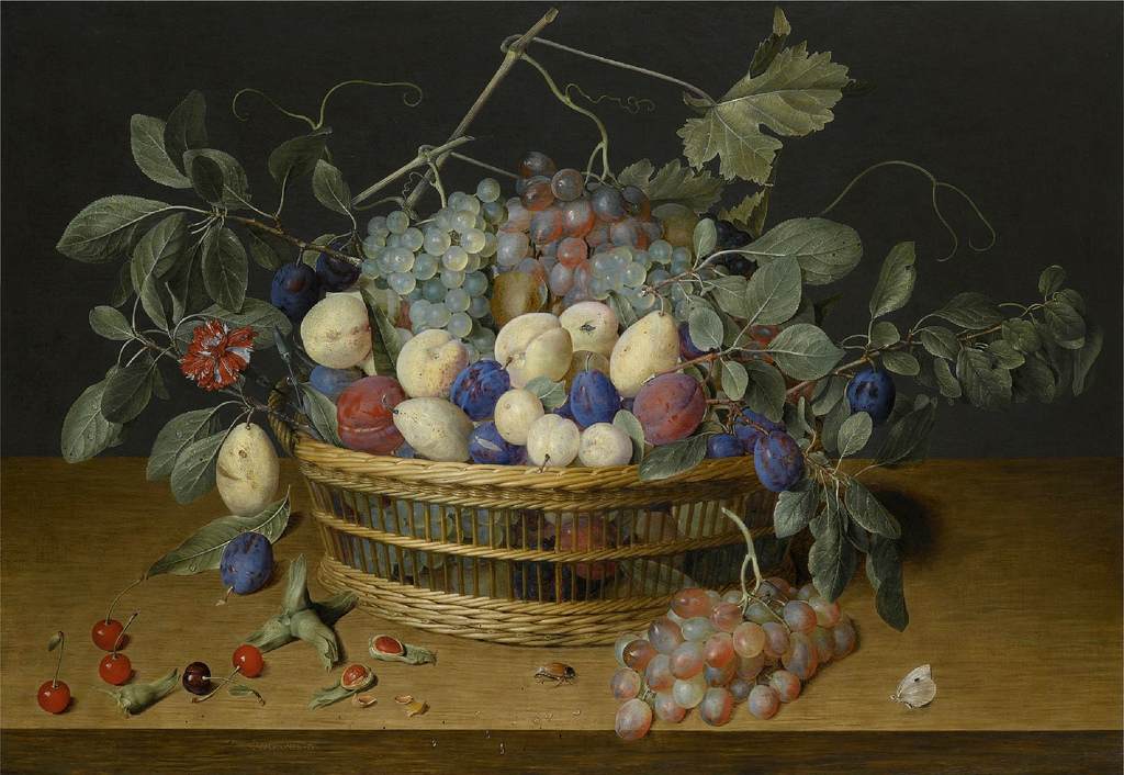 Still life with plums, grapes and peaches in a wicker basket, with Cherries, Hazelnuts, a Beetle and a Butterfly on the Woodentabletop Beneath”