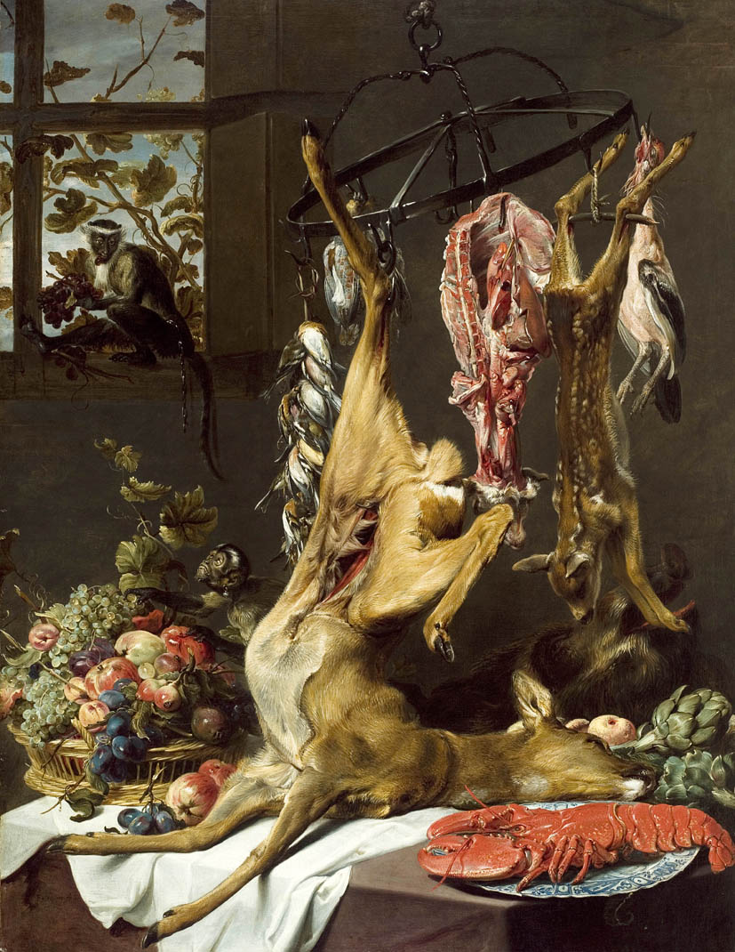 Still Life with Game Suspended on Hooks, a Lobster on a Porcelain Plate and a Basket of Grapes, Apples, Plums and Other Fruit on a Partly Draped Table with Two Monkeys