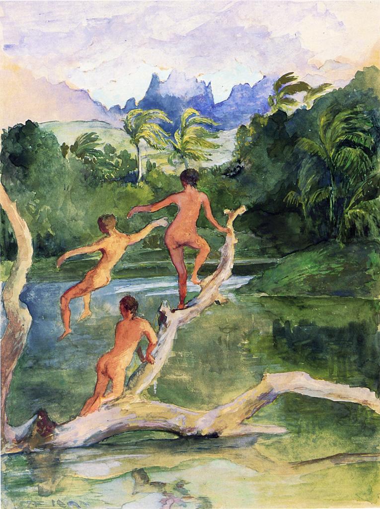 Girls Bathing on the Shore near Papeete in an Outlet of the River Fautaua. The Diadem or Crown Mountain in Distance. Northwest Wind Blowing - Later Afternoon, February