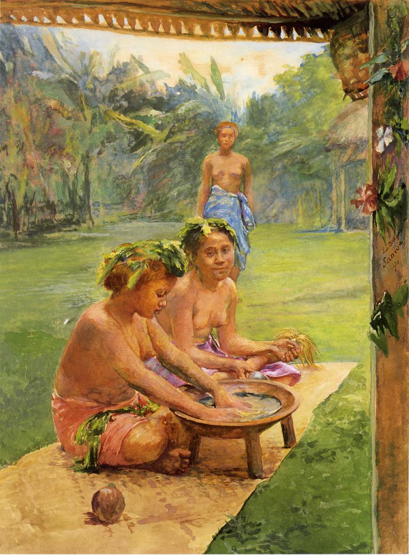 Young Girls Preparing Kava. Outside of the Hut Whose Posts Are Decorated wih Flowers; the Attendant, Standing in the Background Is There to Hand the Cocoanut Cup When Filled