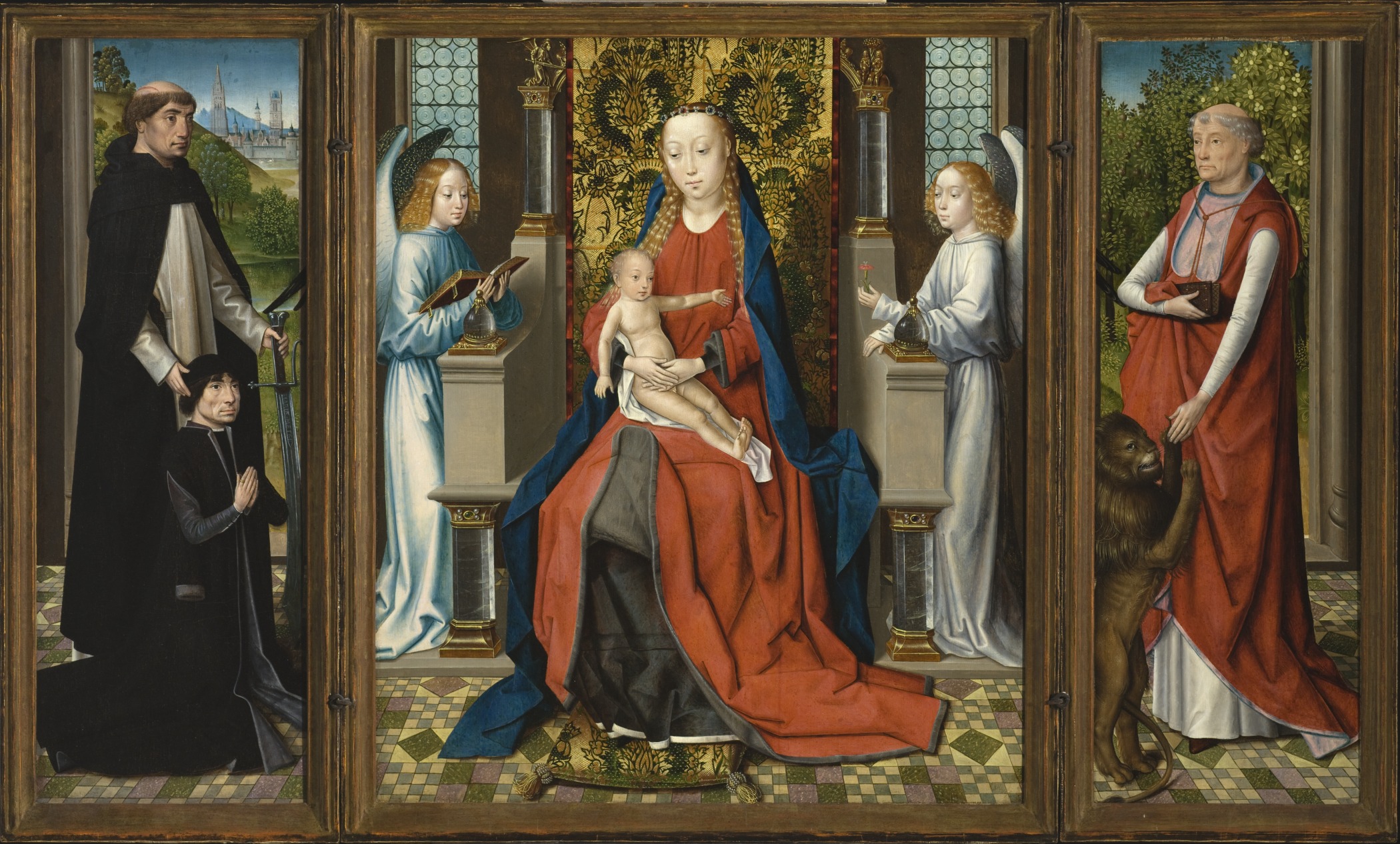 Madonna and Child with Angels; Donor and His Patron Saint Peter Martyr and Saint Jerome (Triptych)