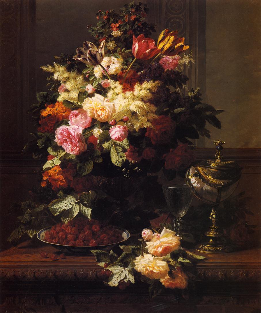 A Still Life of Roses, Tulips and other Flowers on a German Compote, a Plate of Raspberries, a Glass and a German Silver-gilt Nautilus Cup on a Table