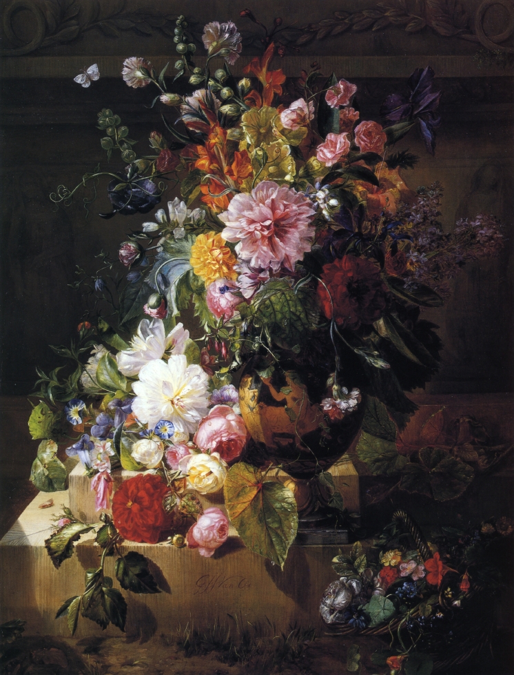 Still Life with Roses, Peonies, Lilac, Morning Glories and other Flowers in a Greek Vase on a Stone Plinth
