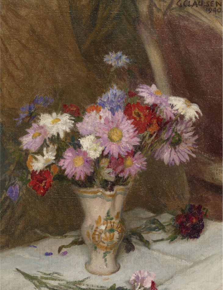 Still Life with Michaelmas Daisies and Cornflowers in a Jug on a White Cloth draped Table