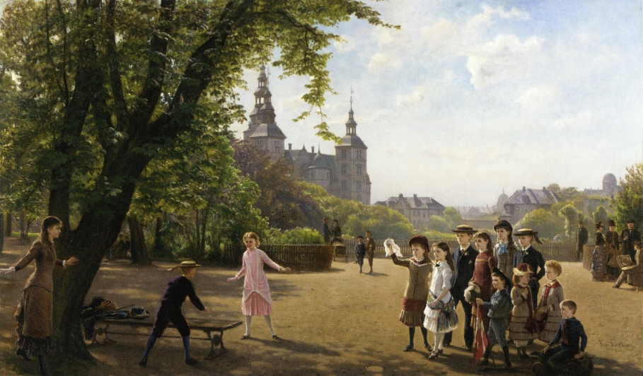 Ludvig Dahl's Children playing in Kongens Have Park with King Christian IV's Summer Residence Rosenborg Slot Beyond, Copenhagen