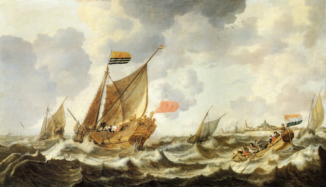 A Rowing Vessel approaching a Zeeland States Yacht Firing a Salute, in Choppy Seas off Vlissingen, with Other Shipping Beyond