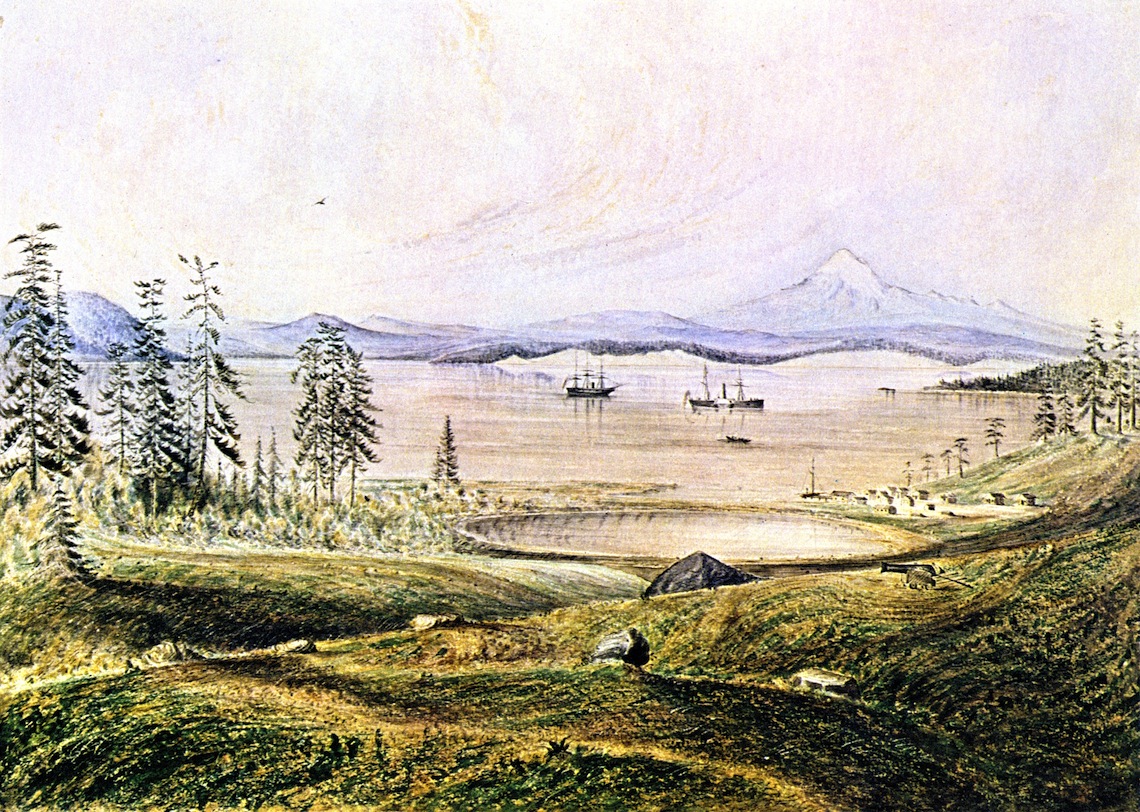 View from Hill on San Juan Island Looking South with Ontario Roads, Active and Ewing at Anchor, Lopez Island and Mount Baker in the Distance