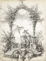 A Chinoiserie Composition, a Seated Girl Holding a Parasol and a Man in a Hat