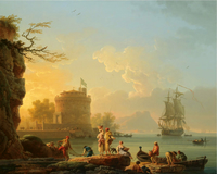 A Mediterranean Harbor Scene at Sunset with Fishermen