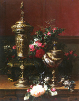 A Still Life with a German Cup, a Nautilus Cup, a Goblet and Cut Flowers