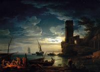 Night, Mediterranean Coast Scene with Fishermen and Boats
