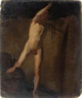 Standing Male Nude, Raised Right Arm, Right Foot Resting on Blocks