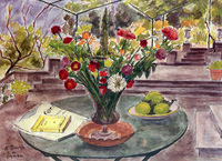 The Terrace in Saint-Tropez, Still LIfe with Vase of Flowers on a Pedestal Table