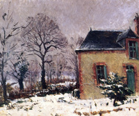 Rustic House by the River in the Snow