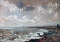 Seashore with Fishermen near a Boat
