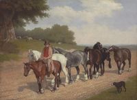 A groom with a string of carthorses and a dog, on a country road
