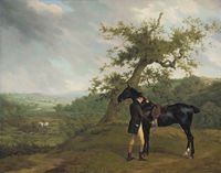 George Irving with his black hunter beneath a blasted oak