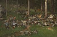 Part Of A Wood With Girl, Boy And Cows