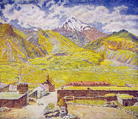 Georgia. The Kazbek Mountain and Village
