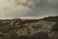 Mountain landscape with hunter