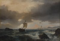 Seascape with sailing ships and sea birds