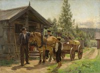Two men and a boy with a horse carriage