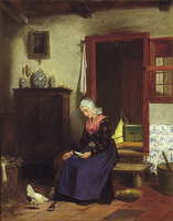 Kitchen Interior with Woman and Chickens