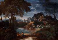 An Italianate River Landscape with a Villa and Shepherds Resting with their Flock by a Pond
