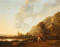 A River landscape with a Horseman on a Road