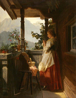 Girl Knitting on the Balcony