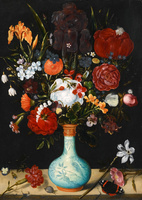 Still Life of Roses, Marigolds and Other Flowers in a Wan-Li Kraak Porcelain Vase