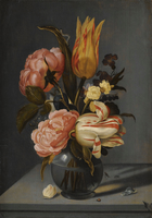 Still Life with Tulips, Roses, Marigolds and other Flowers, in a Glass Vase