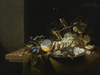 Still Life of Hazelnuts, Grapes, Oysters and other Foods on a Drapped Table