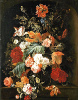 A Still Life of Roses, Variegated Tulips, Irises in a Glass Vase