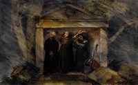 Monks sheltering from the rain in a tomb
