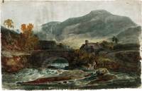 A Single-Arched Stone Bridge and a Cottage, with possibly Aran Fawddwy Behind