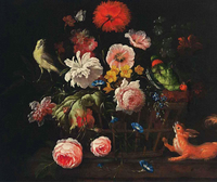 A Still Life with Flowers, a Small Parrot, a Woodsnail and a Squirrel