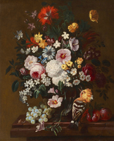 A Still Life with Flowers in a Glass Vase with a Hoopoe, Plums and a Bunch of Grapes