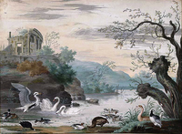 An Italianate Landscape with Swans, a Heron, Ducks and a Goose