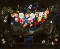 Garland of flowers in a cartouche with a landscape behind