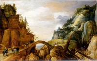 A Mountainous Landscape with Horsemen and Travellers Crossing a Bridge