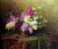 A Still Life With Lilacs And Violets On A Draped Guilt Rococo Table