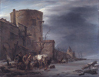 A Frozen Canal outside a City Wall of Haarlem in Winter