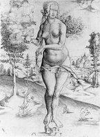 Memento Mori (A Nude Woman Holds a Sundial and Stands on a Skull with a Background Landscape)