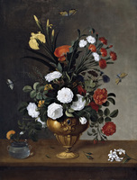 Flowers in a Vase and a Glass Bowl with a Carnation