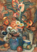 A still life with flowers in a vase, fruits and bowls