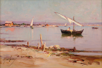 Coastal scene with fishing boats