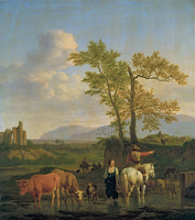 A Horseman at a Ford, Asking the Way of a Herdswoman, in an Italianate Landscape