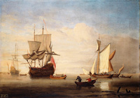 A Calm:  An English Three-Decker Drying Sails with Two Galliots near Her